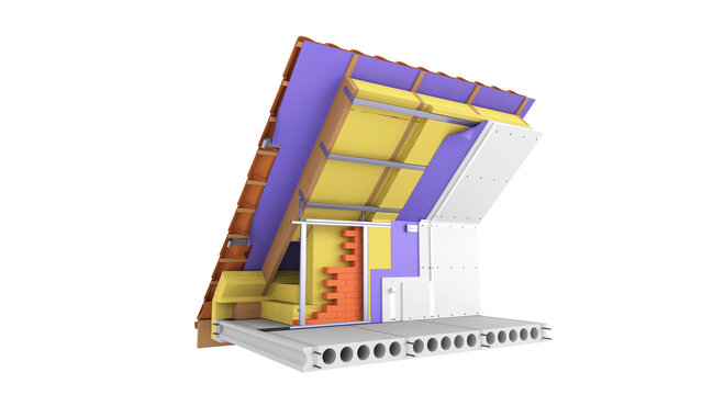 Attic roof construction cross-section showing the insulation system: mineral wool, vapor barrier, steel framing profiles, drywall support profiles, and gypsum board cladding. High-quality 3D rendering