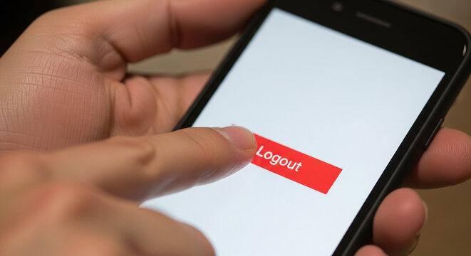 Close session on mobile device with finger tap on logout button on a smartphone screen showing a white interface with red button