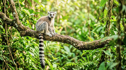 Fototapeta premium Lemur sitting on tree branch in tropical forest looking at camera