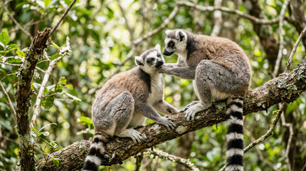 Fototapeta premium Two lemurs interacting on tree branch in tropical forest