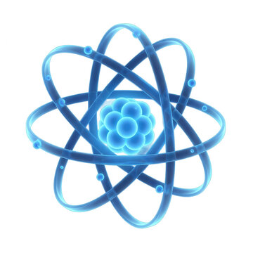 3D glowing blue atom model with orbiting electrons isolated on transparent background