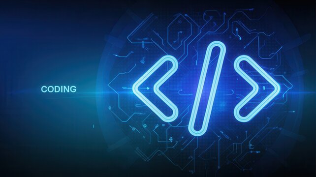 Glowing blue coding symbol on circuit board background with coding text