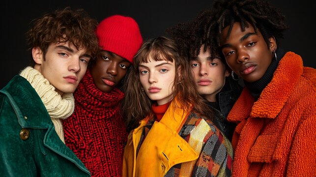 Diverse group of young adults posing closely together, showcasing autumnal fashion