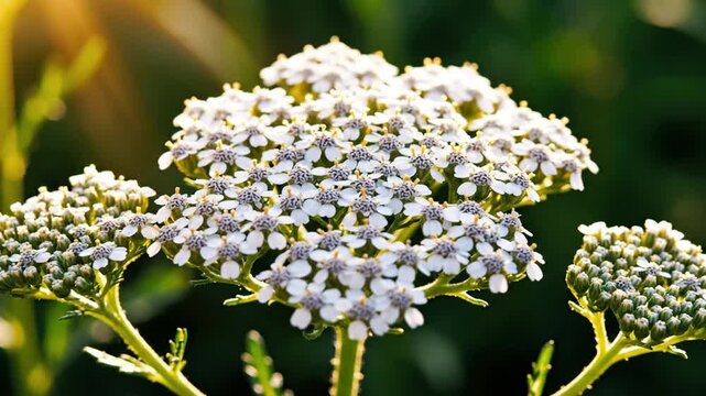 White yarrow flowers illuminated by golden sunlight in nature