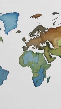 Vertical video: Expanding new blue blotch bleeding across watercolor map on paper, shifting tones