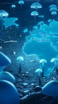 Vertical video: Moving cam causing cyan map pulsing, mushrooms growing in forest, domes hovering