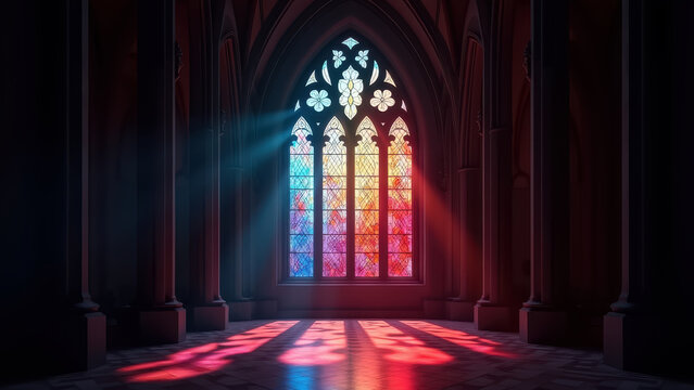 Stained glass cathedral window exploding with rainbow light rays in dark gothic interior, dark stone arch background