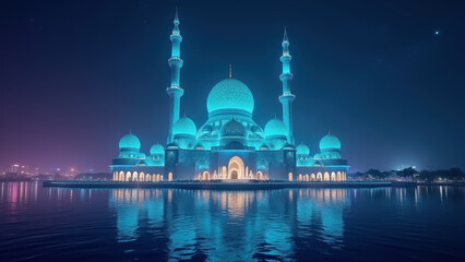 Naklejka premium Futuristic mosque with bioluminescent domes and minaret light beams over dark ocean, deep purple night background