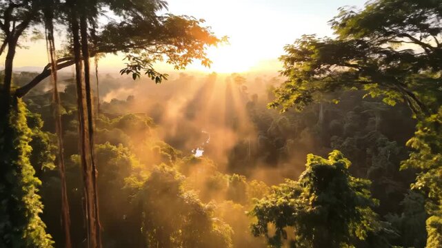 Sunrise in dense tropical forest for environmental projects, nature documentaries, and commercials
