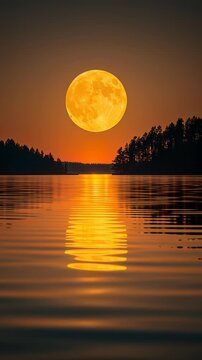 Full moon rising over calm lake with silhouetted trees at dusk.