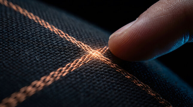 Close-up of hand sewing conductive thread into smart textile with golden stitches
