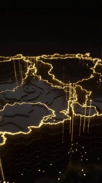 Vertical video: Camera revealing outlined terrain in dark void, forming golden pillars as data
