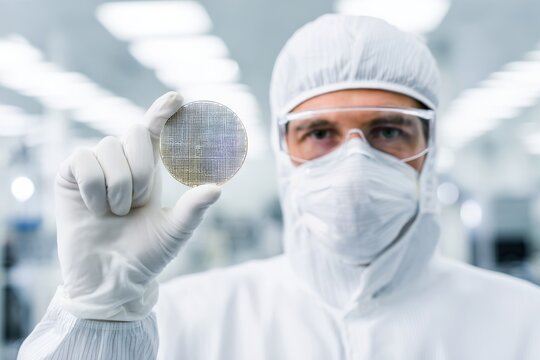 Process engineer in cleanroom displaying wafer for yield verification, confident presentation of silicon disc in sterile environment, background fab lights and equipment, emphasis on metrology,