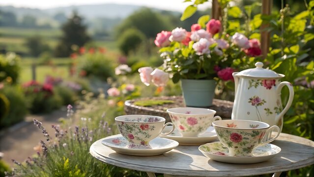english garden tea set on outdoor table with flowers