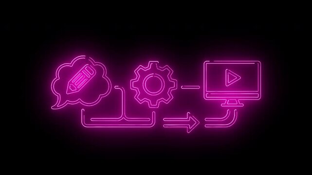 Neon pink flowchart icons for creative process on black background with play button on screen