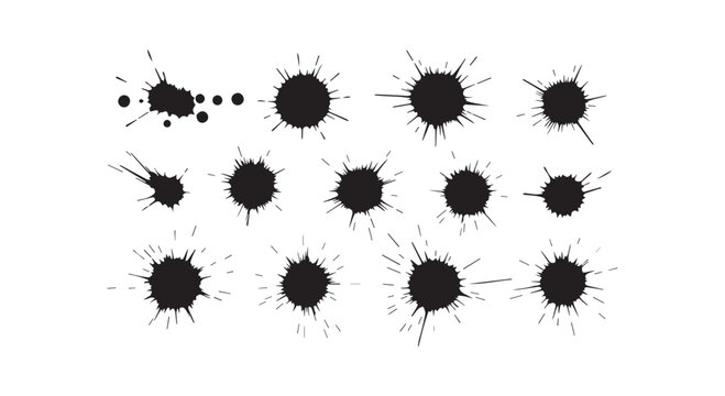 Ink splash and splatter silhouettes set with irregular paint drip shapes isolated on white background grunge texture vectors.