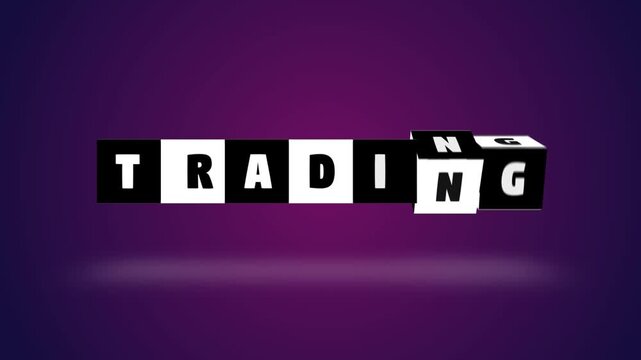 Trading text word block turning black white letter cube spin slow motion animation. violet background. 3D. 3D rendering, Stamp or Seal neon glow with shadow intro outro signs isolated on alpha channel