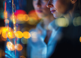 Fototapeta premium Two female professionals point at transparent blue lit graphics as layered panels charts and hologram graphs, focused analytics scene with bright reflections and interface work.