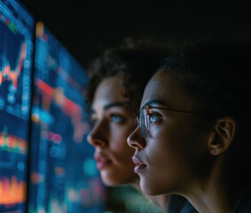 Obraz premium Two female professionals point at transparent blue lit graphics as layered panels charts and hologram graphs, focused analytics scene with bright reflections and interface work.