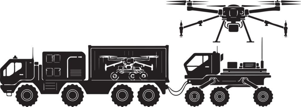 Military truck, drone, and trailer vector, army vehicle, transportation, black silhouette