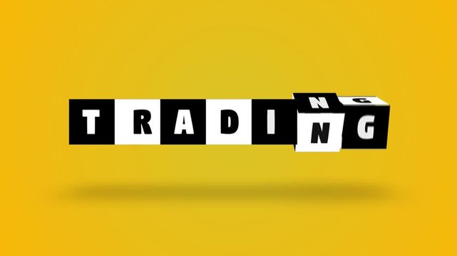 Trading text word block turning black white letter cube spin slow motion animation. yellow background. 3D. 3D rendering, Stamp or Seal neon glow with shadow intro outro signs isolated on alpha channel