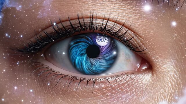 Closeup of human eye with cosmic background for commercial backgrounds, digital design, and advertising