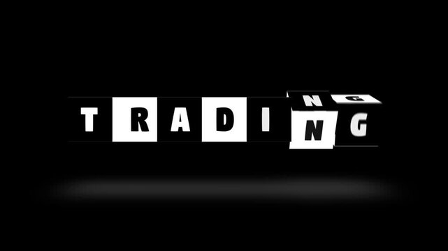 Trading text word block turning black white letter cube spin slow motion animation. black background. 3D. 3D rendering, Stamp or Seal neon glow with shadow intro outro signs isolated on alpha channel