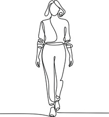 woman walking line art featuring female figure in casual outfit in continuous outline style for modern fashion illustration design © Mstsirin