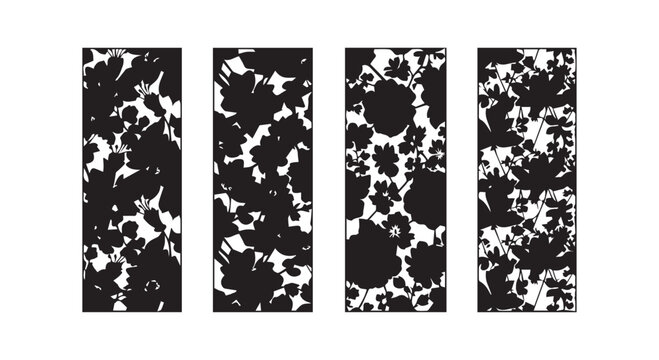 Decorative floral panel patterns for laser cutting or wallpaper featuring abstract flower silhouettes in vertical rectangles.