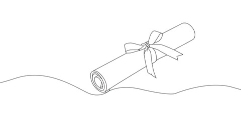 Obraz premium Minimalist one line art vector of degree certificate illustration, continuous line drawing of graduation diploma scroll, abstract education concept design, simple linear outline of academic certificat