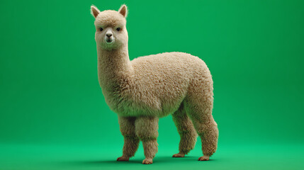 Fototapeta premium A fluffy alpaca stands proudly against a vibrant green background, showcasing its unique features and gentle demeanor.