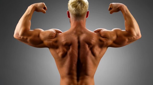 Muscular Bodybuilder Showing Off His Back Muscles.