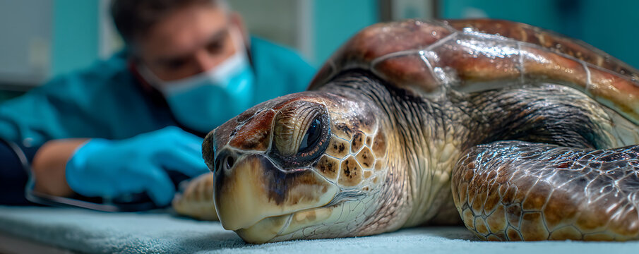 Veterinarian examining a sea turtle on a table for medical treatment
