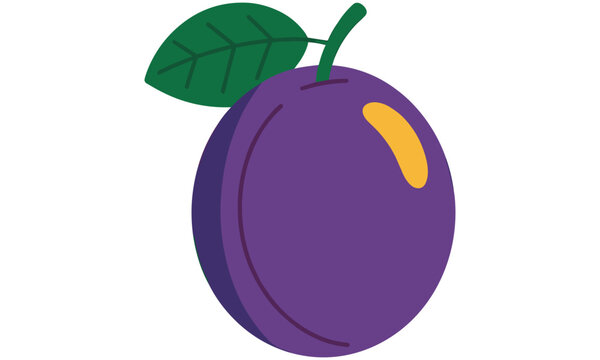 A vibrant purple plum with green leaf and yellow highlight on a clean white background illustration