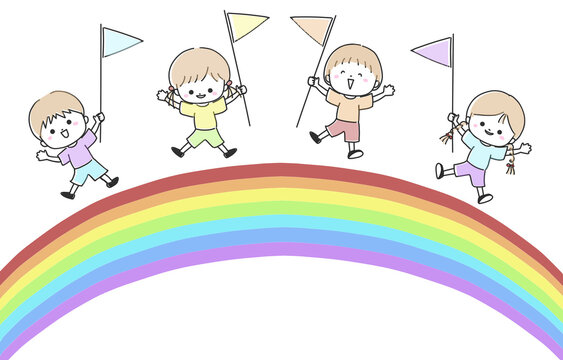 旗を持つ子供たちと虹