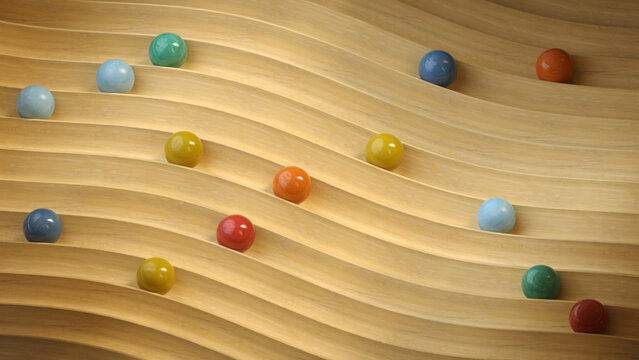 Colorful spheres rolling in the wooden grooves 3D render