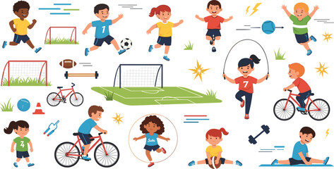 Fototapeta premium Children Playing Sports and Exercising Vector Set with Soccer, Cycling, Jump Rope, and Fitness Activities