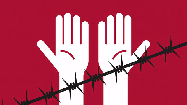 A symbolic image of raised hands behind barbed wire on a red background