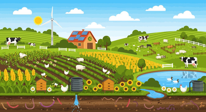 Vibrant cartoon farm landscape with crops, farm animals, a pond, and a wind turbine under a sunny sky