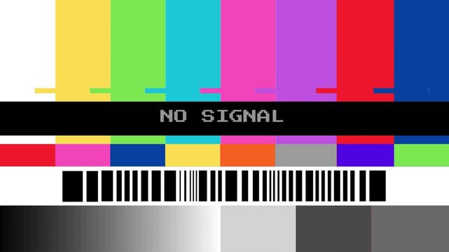 Classic broadcast test pattern with 'NO SIGNAL' alert, featuring vibrant color bars and a grayscale gradient, representing technical difficulties concept