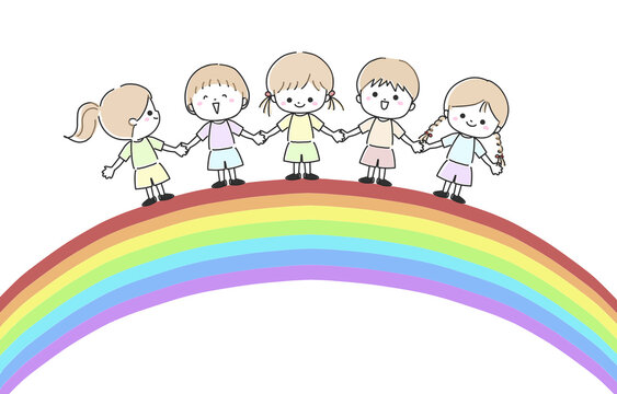 虹の上で手をつなぐ子供たち