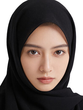A medium shot portrait of a woman wearing a black hijab,No background transparent background in PNG format. The lighting is soft and even.