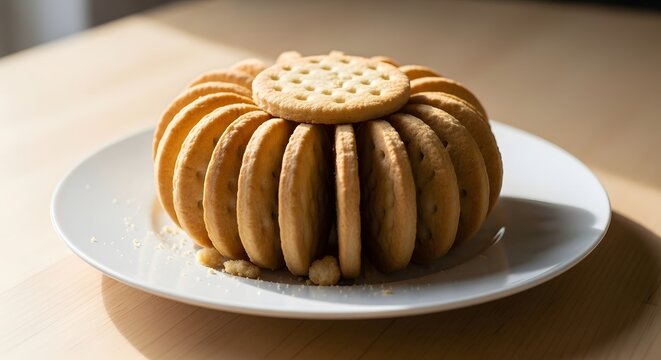 A circular arrangement of round shortbread cookies standing vertically on a white plate