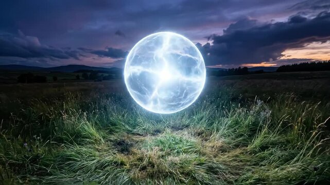 A rare ball lightning phenomenon hovers above a meadow at dusk, a perfect luminous sphere of pale blue-white light approximately one meter in diameter floating silently two meters