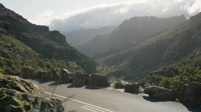 Cinematic Timelapse of Traffic and Cloud Flow Over Jonkershoek Nature Reserve Mountains, Western Cape South Africa