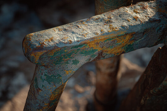 Old water well hand pump with weathered metal surface showing rust and faded green paint in natural sunlight, evoking sense of nostalgia and rural life