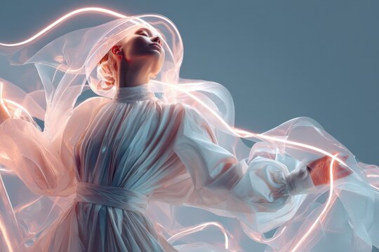 shimmering fabric flows gracefully, ethereal cloth surrounds performer with gentle illumination