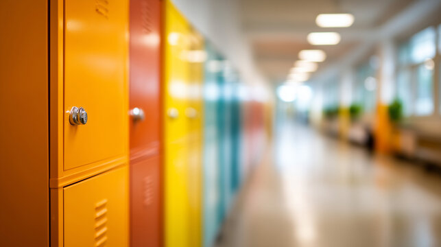Close-up of a blurred bright school hallway with soft focus on colorful lockers creating an atmospheric out-of-focus composition, warm hallway lighting, defocused bright school hal