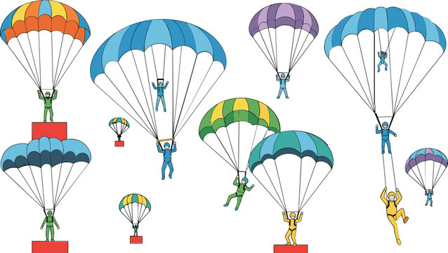 Parachuting Icon Set Featuring Colorful Parachutes, Skydivers, and Airborne Stunts for Extreme Sports and Adventure Designs
