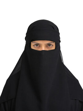 A medium shot portrait of a woman wearing a black hijab,No background transparent background in PNG format. The lighting is soft and even.